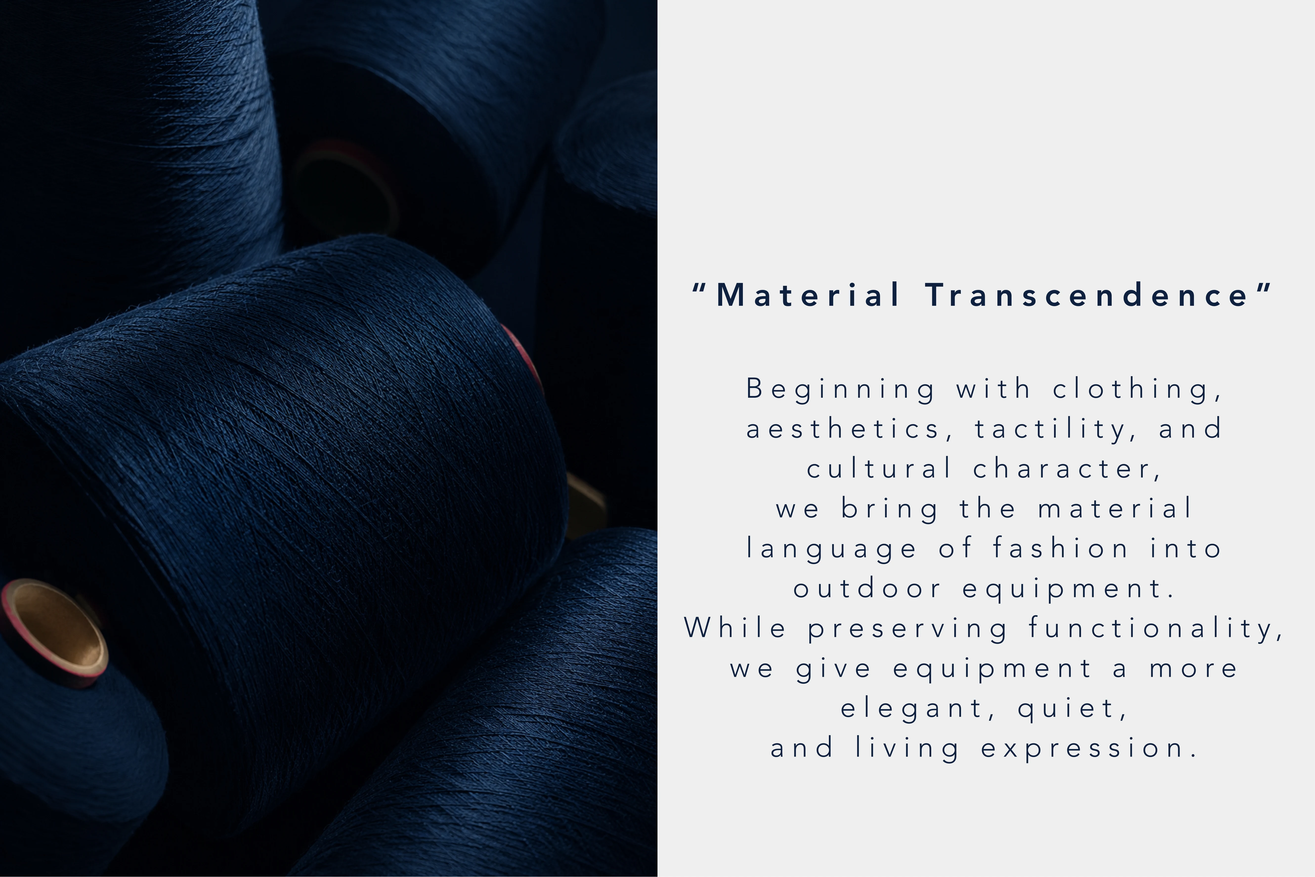 A deep-blue macro photograph of thread beside the Material Transcendence statement